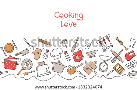 Cooking flat horizontal seamless pattern. Kitchen utensil and appliance cartoon texture. Food preparation Scandinavian illustration. Kitchenware sketch clipart.
