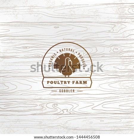 Vector farm turkey logo with turkey drawn in flat style and place for text and title. The logo is made on a wooden vector background.