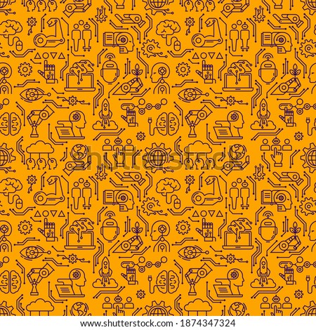 Two-color seamless pattern of modern technologies and devices, robots, bots in linear style. EPS 10. Vector illustration