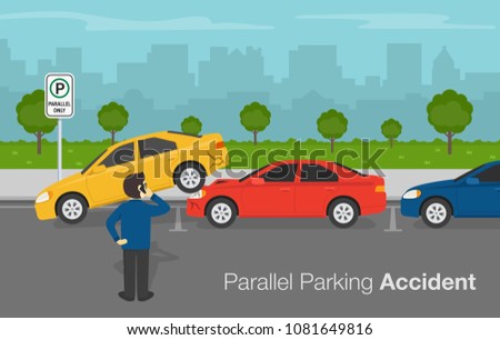 Car accident on parallel parking area. Young man calling police and insurance company. Flat vector illustration template.