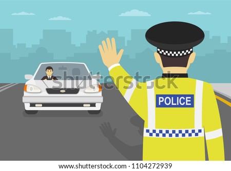 Traffic police officer stops the car and blocked the road. Standing in front of car. Flat vector illustration.