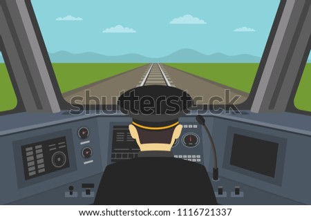 Train driver sitting in cabin of a modern train. Interior control place of train. Inside view. Flat vector illustration of dashboard. 