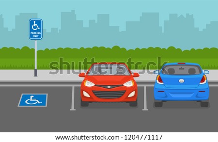 Disabled parking area. Front and back view of parked cars. Flat vector illustration template.