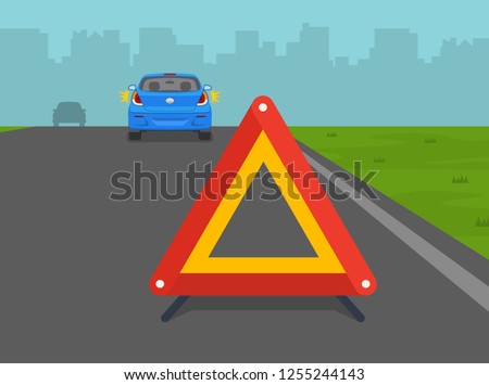 Broken down car on highway with warning sign. Back view. Flat vector illustration template.