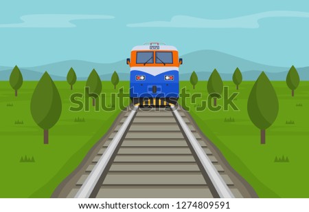 Front view of a train crossing the summer steppe. Summer landscape. Flat vector illustration template.