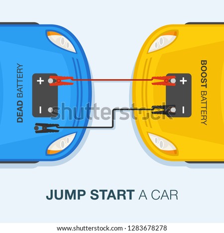 Car driving tips and rules. How to jump start a car. Top view. Flat vector illustration template.