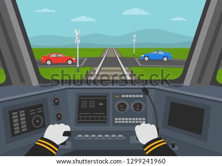 Cabin of a train at cross road. Interior control place of train. Inside view. Flat vector illustration of dashboard.