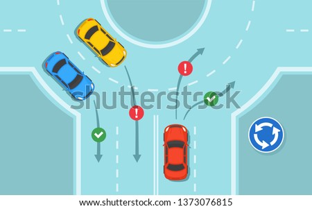 Safety driving, traffic regulation rules and tips. Top view of cars on roundabout junction road. How to drive a roundabout. Flat vector illustration template.