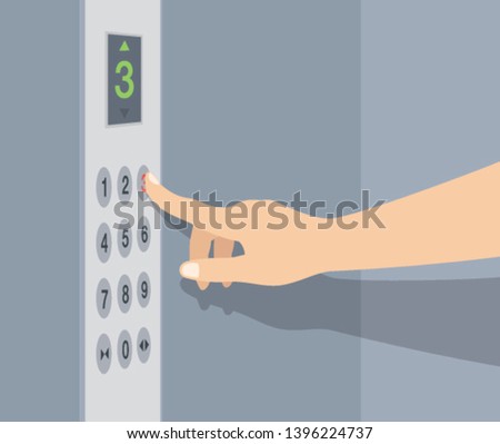 Hand pressing elevator button. Lift buttons panel. Flat vector illustration.