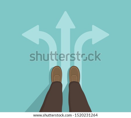 Male standing on the road with three direction arrows top view. Taking decision for the future. Flat vector illustration.