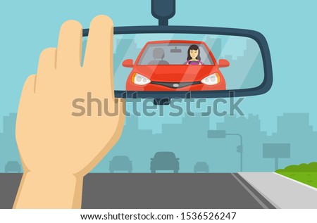 Hand adjusting rear view mirror in a car. Close-up of car rear mirror. Flat vector illustration template. Stockfoto © 