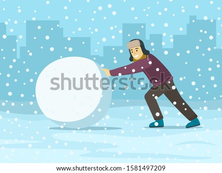 Happy man rolling a big snowball. Winter games scene. Flat vector illustration template.