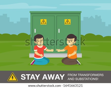 Two kids sitting beside the electrical transformer and playing rock paper scissors game. Stay away from transformers and substations warning sign. Flat vector illustration.