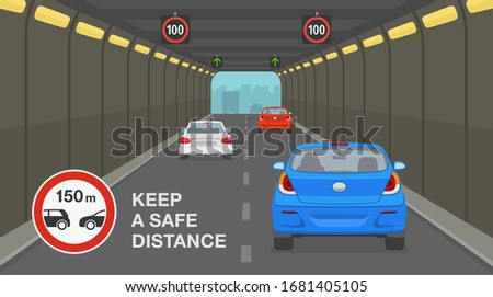 Safe car driving tips and traffic rules. City highway tunnel road. Keep a safe distance road sign. Flat vector illustration template.