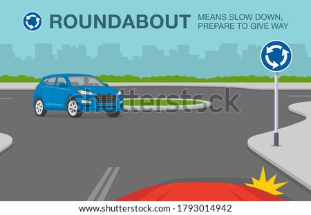 Safe driving tips and traffic regulation rules. Roundabout road or traffic sign meaning. Car is giving way to blue suv car on the road. Flat vector illustration template.