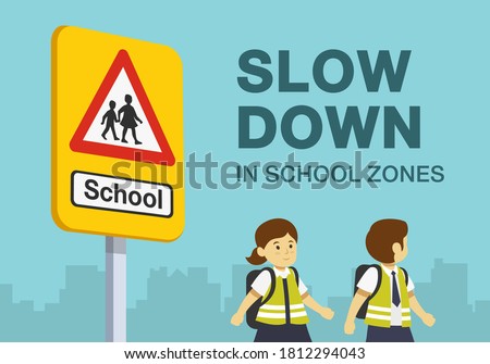 Slow down in school zones warning poster for drivers. Close-up view of a two school kids and yellow road sign. Flat vector illustration template.