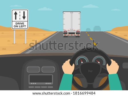 Hands driving a car on the dessert highway. Drive left warning road or traffic sign. Flat vector illustration template.