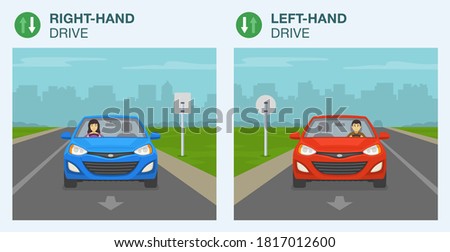 Differences between right-hand drive and left-hand drive. Modern blue and red car on the city road. Flat vector illustration template.