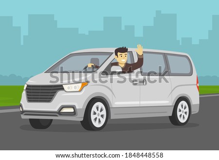 Happy young male driver leaning out of the new modern van window. Man sitting in a car on driver's place and raising his hand. Flat vector illustration template.
