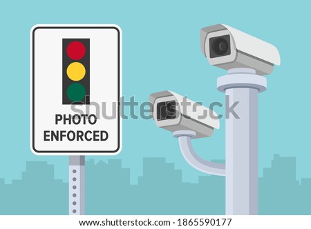 Street security surveillance or road safety cameras. Photo enforced traffic light sign. Close-up view. Flat vector illustration template.