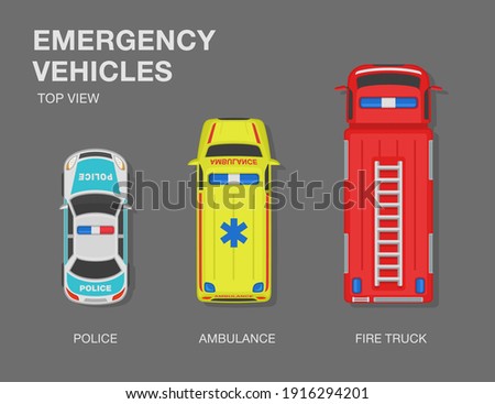 Driving a car. Top view of an emergency vehicles. Police, ambulance and fire brigade. Set of a flat vector illustration template.