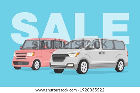 Driving a car. Sale poster design template with japanese kei car and korean van car. Flat vector illustration.