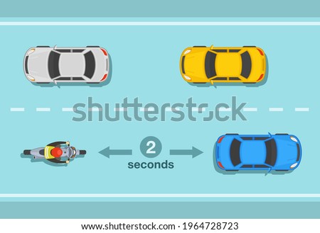 Motorcycle two seconds rule on the road for safe following distance infographic. Flat vector illustration template.