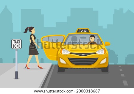 Young woman getting into yellow taxi cab. City taxi service. Front view. Flat vector illustration template.