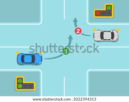 Safe driving tips and traffic regulation rules. Give way rules at traffic lights with a green arrow. Blue sedan car is about to turn left. Flat vector illustration template.