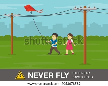 Electrical safety rule. Two kids playing near power lines. Never fly kites close to power lines warning design. Flat vector illustration template.