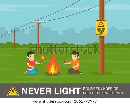 Electrical safety rule. Two kids playing with fire near power lines. Never light bonfires under or close to power lines warning design. Flat vector illustration template.