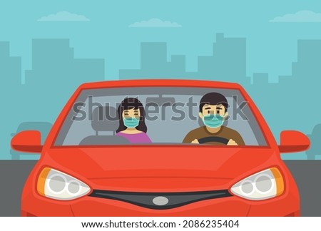 Driving a car. Driver and passenger are wearing a face covering or masks in a vehicle. Close-up view.Flat vector illustration template. Foto stock © 