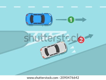 Driving a car. Safety driving tips and traffic regulating rules. Merging onto the highway. White sedan car gives way to vehicles on motorway. Flat vector illustration template.