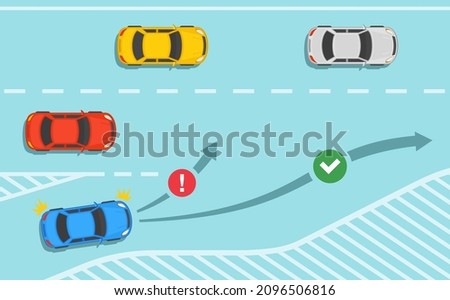 Safety  car driving rules. Dangerous and safety entering to major roadway or highway. Correct and incorrect method for merging. Flat vector illustration template.