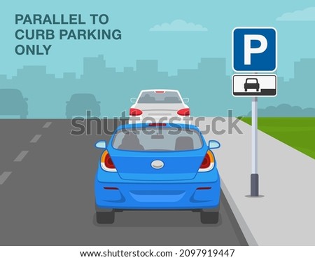 Outdoor parking tips and rules. Back view of a parked cars on a city road. 