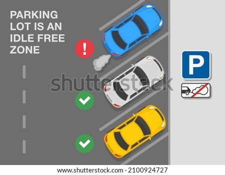 Outdoor parking tips and rules. Top view of a correct and incorrect parked cars on a city parking. 