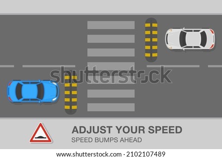 Safety car driving and traffic rules. Top view of speed bumps on a city road and warning road sign. Adjust your speed. Flat vector illustration template.