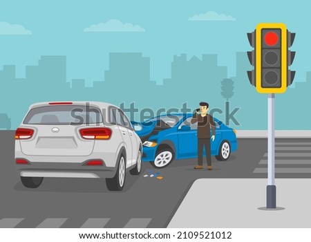 Safety driving car. Traffic or road accident on crossroads. Crashed cars on the city road. Terrified and shocked young male driver calls emergency and insurance. Flat vector illustration template.