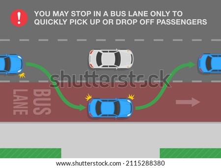 Safety driving and traffic regulating rules. Drivers may enter the bus lane to quickly pick up or drop off passengers. Top view of a city road with bus lane. Flat vector illustration template.