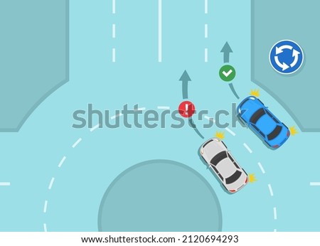 Traffic regulating rules and tips. Safety car driving. How to drive a roundabout. Correct and incorrect right turn. Flat vector illustration template.