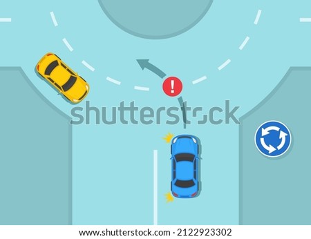 Traffic regulating rules and tips. Safety car driving. How to drive a roundabout. No left turn on roundabout. Incorrect turn scene. Flat vector illustration template.