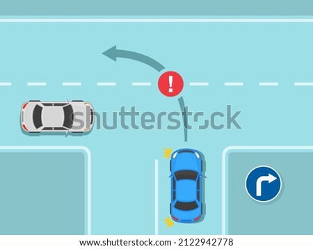 Traffic regulating rules and tips. Safety car driving. Blue sedan car is about to make a left turn on a three way junction with right turn only road sign. Flat vector illustration template.