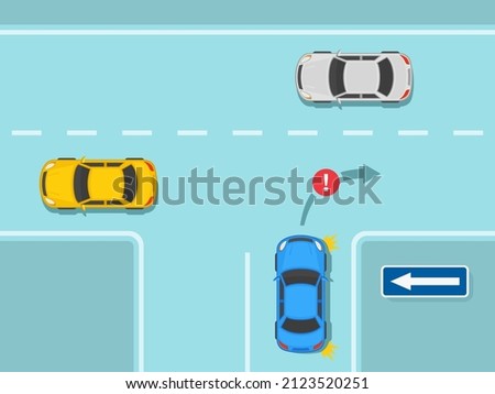 Safety car driving and traffic regulation rules. No right turn on a three way junction with one way road sign. Sign indicates the direction of permitted traffic flow. Flat vector illustration.