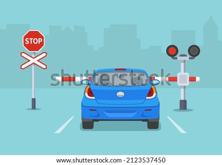 Car is reaching the level crossing with barrier. Back view of stopped sedan car at railroad crossing. Isolated flat vector illustration template.