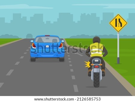 Safety car driving rules and tips. Right lane ends ahead merge left road sign meaning. Mandatory movements in lanes rule. Flat vector illustration template.