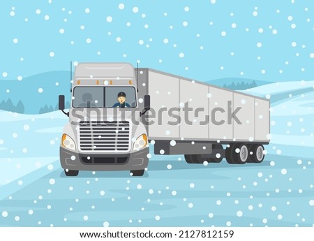 Safety car driving at winter season. Front view of a truck skidding across the icy road. Slippery, wet roadway scene. Flat vector illustration template.