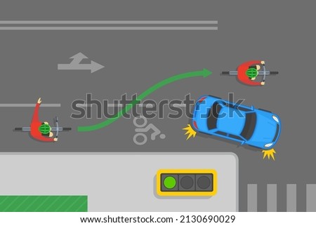 Safe bicycle riding tips and traffic regulation rules. Cyclist passing turning car. If line is dashed motor vehicles may merge into the bicycle lane to make a right turn. Flat vector illustration.