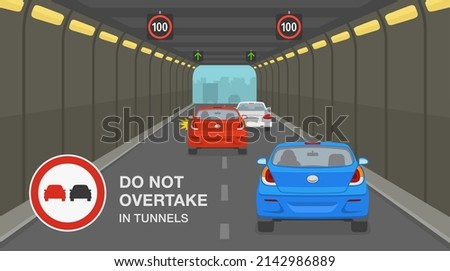 Safety driving rules. City tunnel restrictions. Red car is passing other vehicle in high-speed tunnel. No overtaking in tunnels traffic sign. Flat vector illustration template.