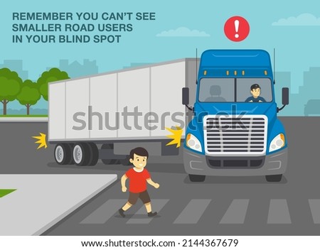 Hidden pedestrian safety and heavy vehicle driving rules. Young boy crossing the road directly in front of a truck. Blue semi-trailer turning right on a city road. Flat vector illustration template.