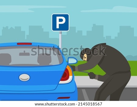 Outdoor parking scene. A thief with a robbery mask trying to open the front door of a blue sedan car. Flat vector illustration template.